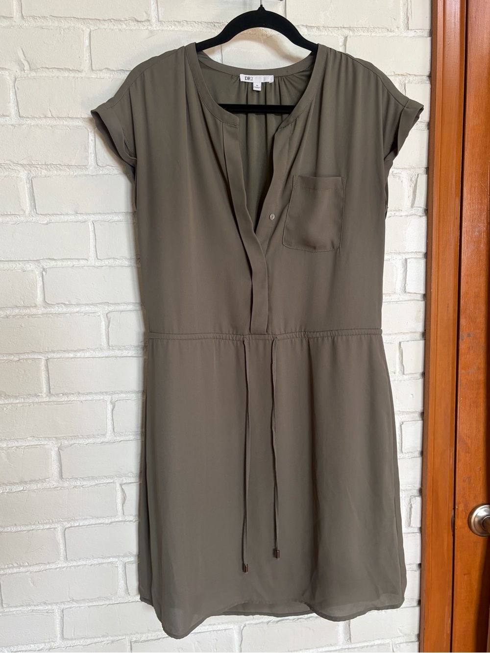 DR2 Olive Green Drawstring Waist Short Sleeve Midi Dress
